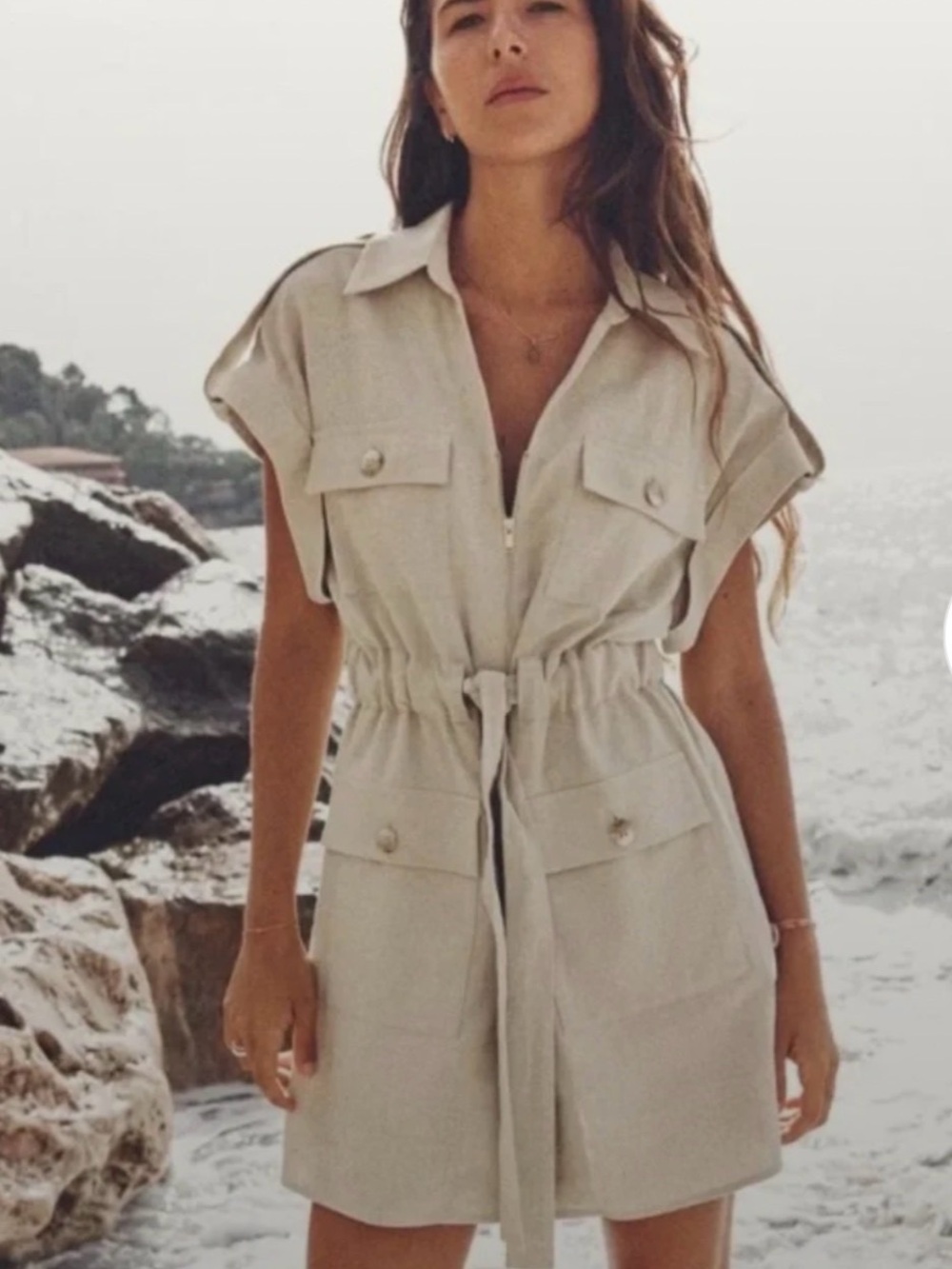 Zara Beige Drawstring Utility Mini Dress